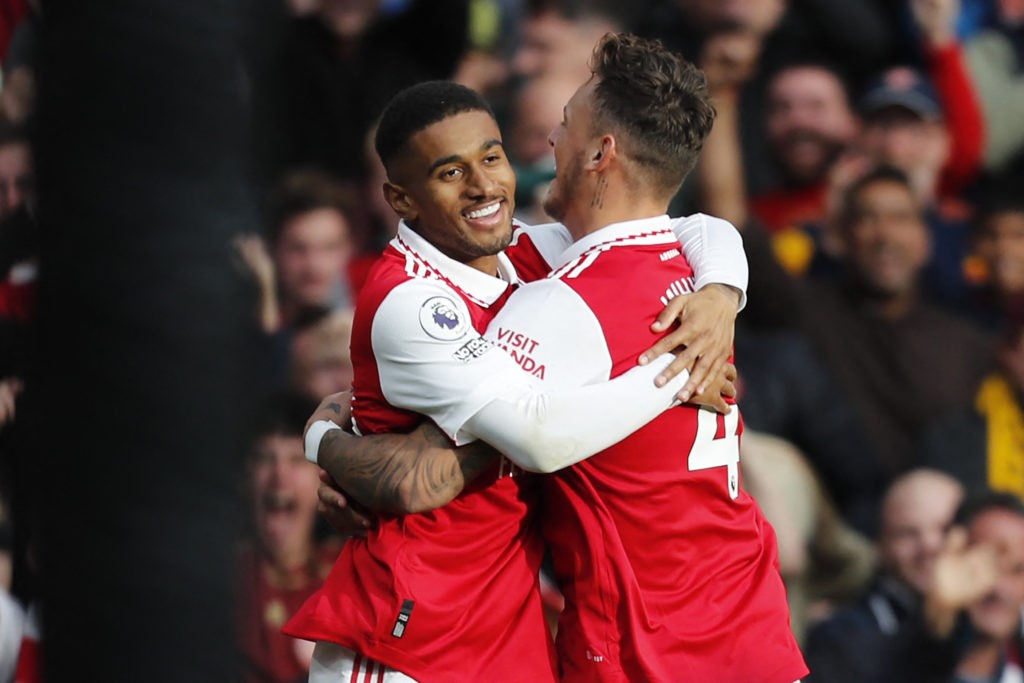 Arsenal's English midfielder Reiss Nelson (L) celebrates with Arsenal's English defender Ben White (R) after scoring their second goal during the English Premier League football match between Arsenal and Nottingham Forest at the Emirates Stadium in London on October 30, 2022. (Photo by IAN KINGTON/AFP via Getty Images)