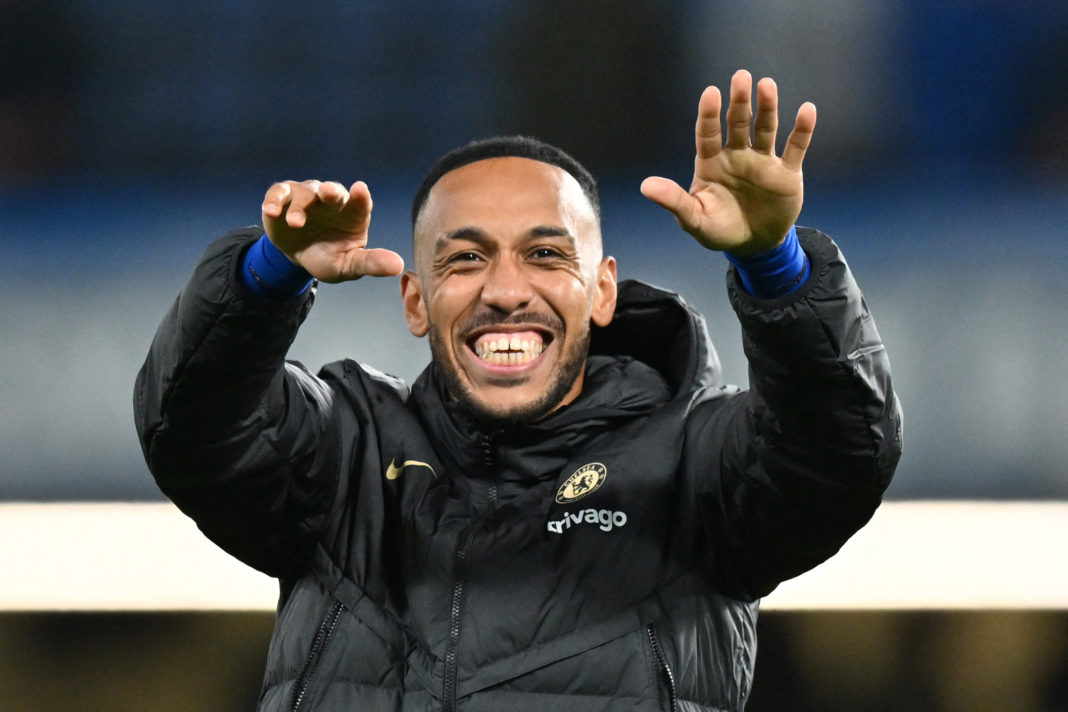 Chelsea's Gabonese striker Pierre-Emerick Aubameyang waves to supporters as celebrates at the end of the UEFA Champions League Group E football match between Chelsea and AC Milan at Stamford Bridge in London on October 5, 2022. - Chelsea won 3 - 0 against AC Milan. (Photo by GLYN KIRK/AFP via Getty Images)