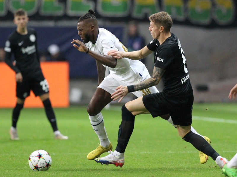 Frankfurt's Croatian midfielder Kristijan Jakic (R) and Marseille's Portuguese defender Nuno Tavares vie for the ball during the UEFA Champions League Group D football match between Eintracht Frankfurt and Olympique de Marseille in Frankfurt, western Germany on October 26, 2022. (Photo by DANIEL ROLAND/AFP via Getty Images)