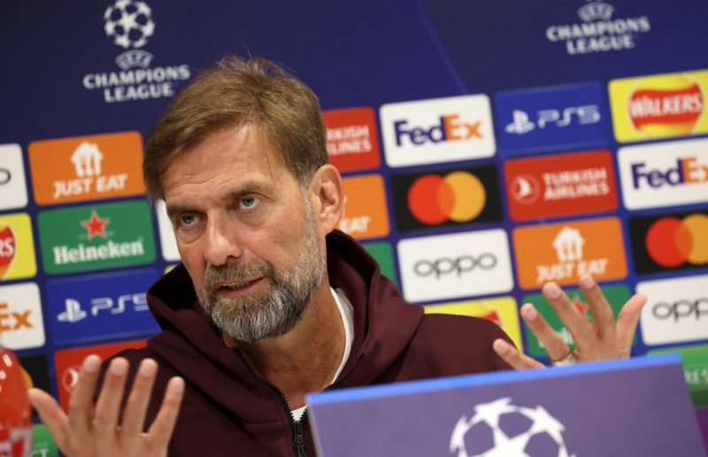 Liverpool's German manager Jurgen Klopp attends a press conference at the AXA Training Centre in Liverpool, north-west England on October 3, 2022, on the eve of the UEFA Champions League group A football match against Rangers. (Photo by Nigel Roddis / AFP) (Photo by NIGEL RODDIS/AFP via Getty Images)