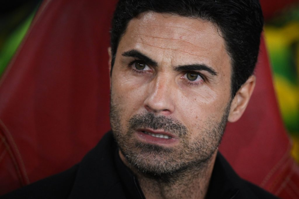 Arsenal's Spanish manager Mikel Arteta reacts during the UEFA Europa League Group A football match between Arsenal and Bodoe/Glimt at The Arsenal Stadium in London, on October 6, 2022. (Photo by Daniel LEAL / AFP) (Photo by DANIEL LEAL/AFP via Getty Images)