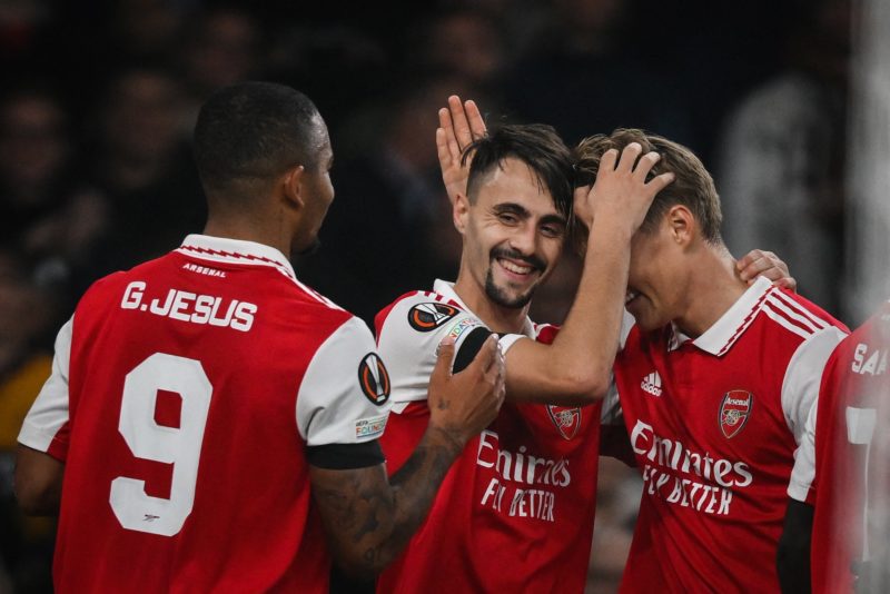 Arsenal's Portuguese midfielder Fabio Vieira (2nd L) celebrates with teammates after scoring his team third goal during the UEFA Europa League Group A football match between Arsenal and Bodoe/Glimt at The Arsenal Stadium in London, on October 6, 2022. (Photo by Daniel LEAL / AFP) (Photo by DANIEL LEAL/AFP via Getty Images)Arsenal's Portuguese midfielder Fabio Vieira (2nd L) celebrates with teammates after scoring his team third goal during the UEFA Europa League Group A football match between Arsenal and Bodoe/Glimt at The Arsenal Stadium in London, on October 6, 2022. (Photo by Daniel LEAL / AFP) (Photo by DANIEL LEAL/AFP via Getty Images)