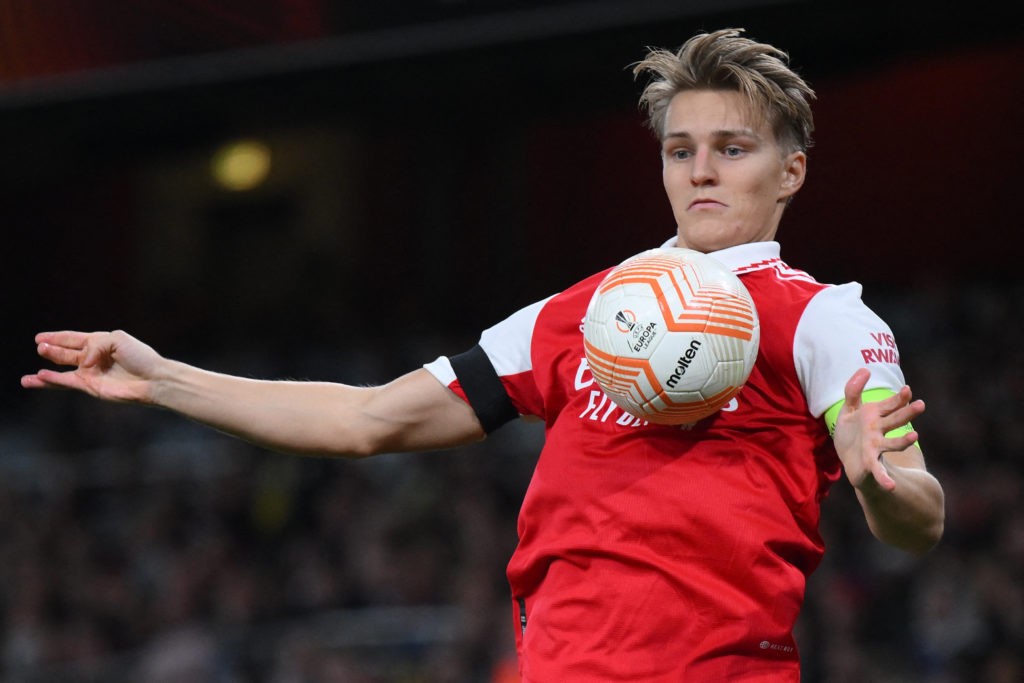 Arsenal's Norwegian midfielder Martin Odegaard controls the ball during the UEFA Europa League Group A football match between Arsenal and Bodoe/Glimt at The Arsenal Stadium in London, on October 6, 2022. (Photo by Daniel LEAL / AFP) (Photo by DANIEL LEAL/AFP via Getty Images)