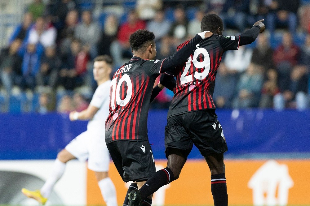 Nice's French midfielder Sofiane Diop (L) and Nice's Ivorian forward Nicolas Pepe (R) celebrate scoring the 0:1 goal during the European Conference League 1st Round Group D football match 1. FC Slovacko vs OGG Nice in Uherske Hradiste, Czech Republic, on October 6, 2022. (Photo by RADEK MICA/AFP via Getty Images)