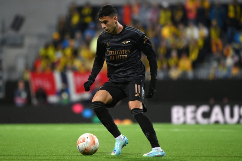 BODO, NORWAY - OCTOBER 13: Gabriel Martinelli of Arsenal runs with the ball during the UEFA Europa League group A match between FK Bodo/Glimt and Arsenal FC at Aspmyra Stadion on October 13, 2022 in Bodo, Norway. (Photo by David Lidstrom/Getty Images)