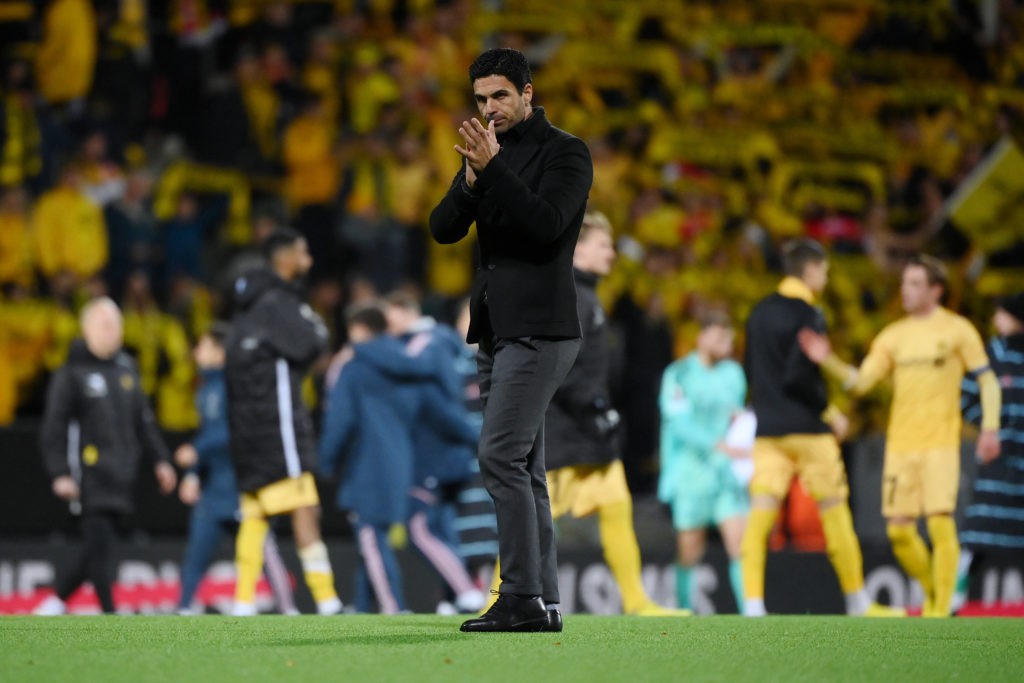 BODO, NORWAY - OCTOBER 13: Mikel Arteta, Manager of Arsenal applauds their fans after the final whistle of the UEFA Europa League group A match between FK Bodo/Glimt and Arsenal FC at Aspmyra Stadion on October 13, 2022 in Bodo, Norway. (Photo by David Lidstrom/Getty Images)