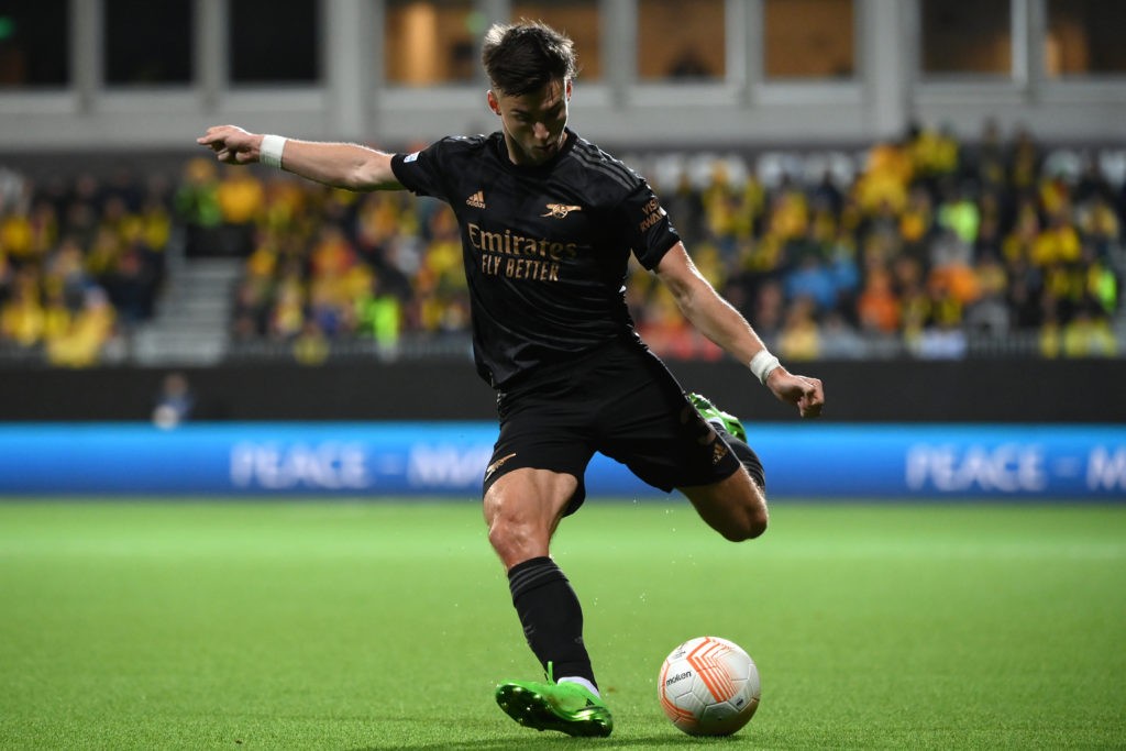 BODO, NORWAY - OCTOBER 13: Kieran Tierney of Arsenal passes the ball during the UEFA Europa League group A match between FK Bodo/Glimt and Arsenal FC at Aspmyra Stadion on October 13, 2022 in Bodo, Norway. (Photo by David Lidstrom/Getty Images)