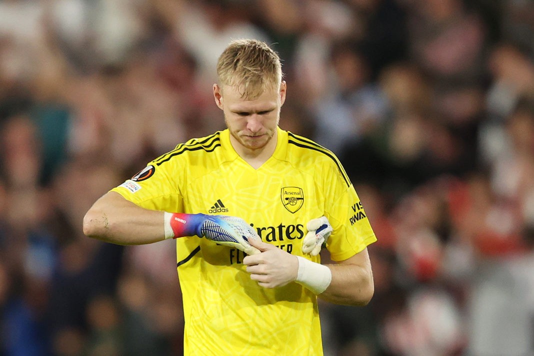 EINDHOVEN, NETHERLANDS: Aaron Ramsdale of Arsenal looks dejected following his side's defeat in the UEFA Europa League group A match between PSV Eindhoven and Arsenal FC at Phillips Stadium on October 27, 2022. (Photo by Dean Mouhtaropoulos / Getty Images)
