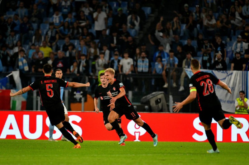 ROME, ITALY - OCTOBER 27: Gustav Isaksen of FC Midtjylland celebrates an opening goal with his team mates during the UEFA Europa League group F match between SS Lazio and FC Midtjylland at Stadio Olimpico on October 27, 2022 in Rome, Italy. (Photo by Marco Rosi - SS Lazio/Getty Images)