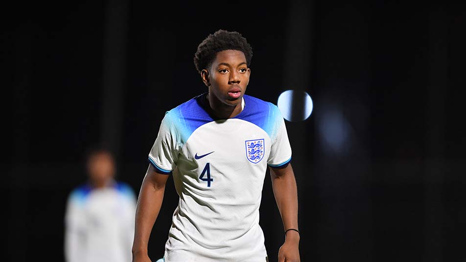 Myles Lewis-Skelly playing for England (Photo via EnglandFootball.com)