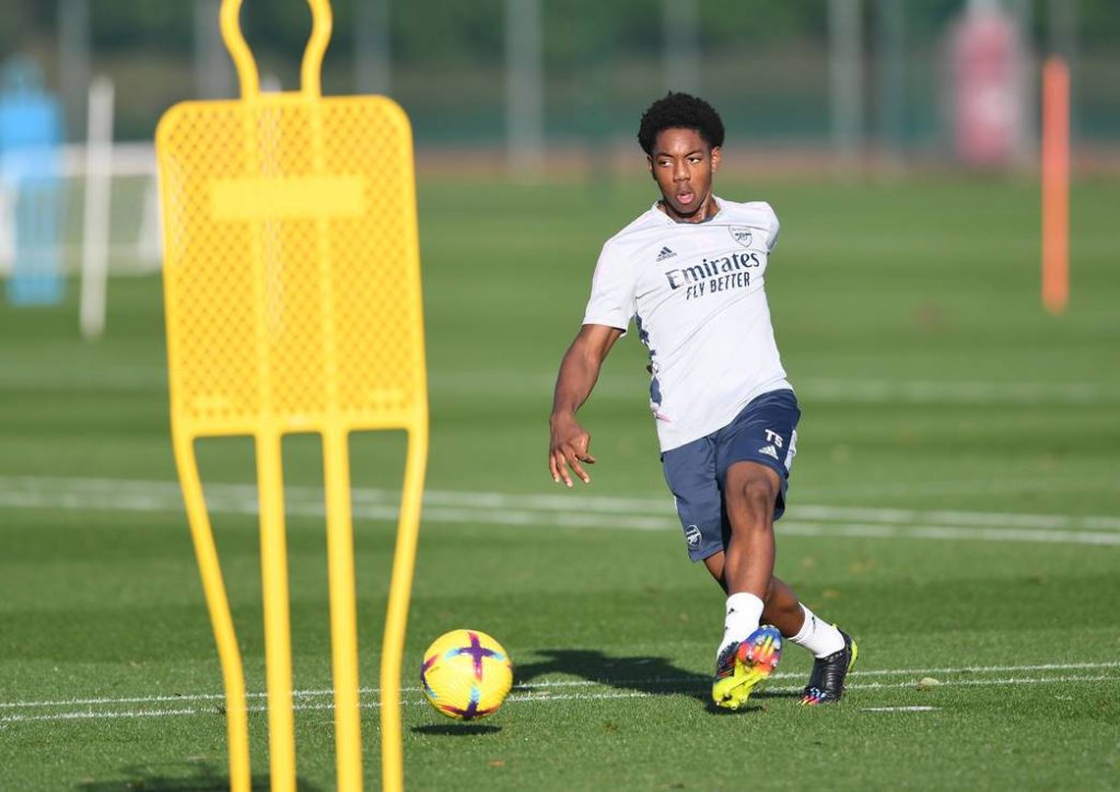 Myles Lewis-Skelly in training with Arsenal (Photo via Arsenal.com)