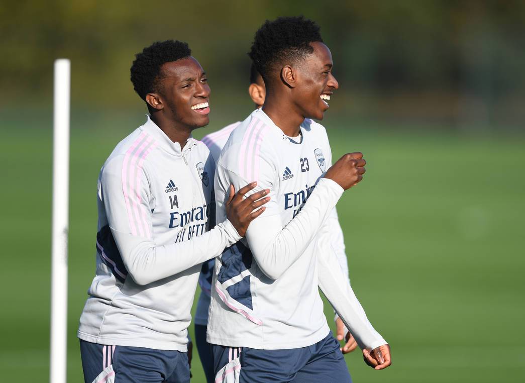 Eddie Nketiah and Albert Sambi Lokonga in training with Arsenal (Photo via Arsenal.com)