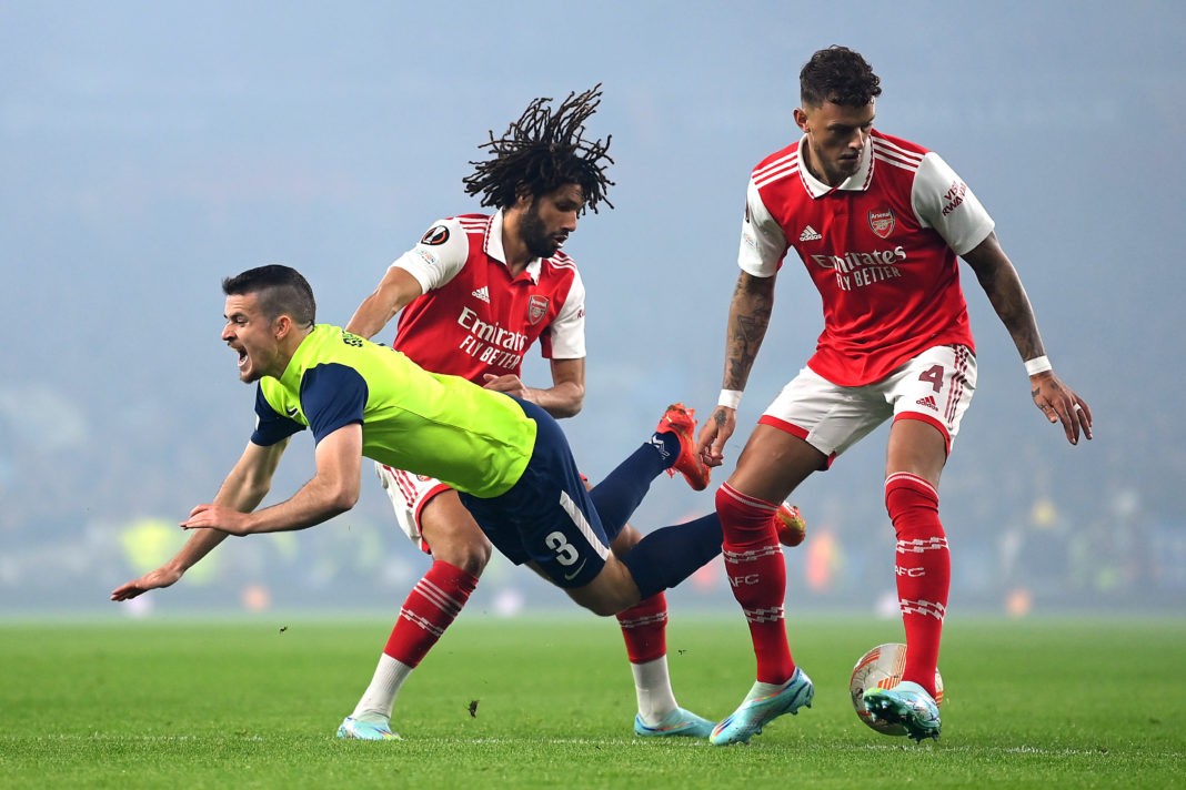 LONDON, ENGLAND - NOVEMBER 03: Mohamed Elneny of Arsenal tackles Fabian Rohner of FC Zurich during the UEFA Europa League group A match between Arsenal FC and FC Zürich at Emirates Stadium on November 03, 2022 in London, England. (Photo by Justin Setterfield/Getty Images)