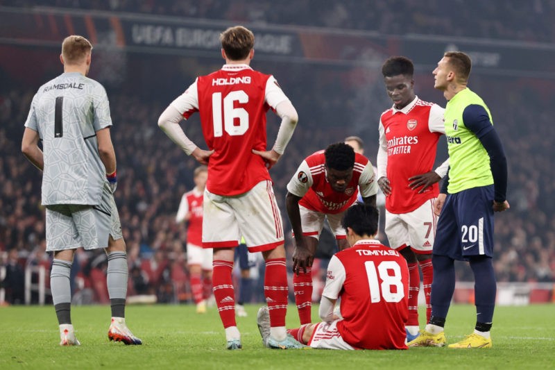 LONDON, ENGLAND - NOVEMBER 03: Takehiro Tomiyasu of Arsenal is seen injured before being substituted off during the UEFA Europa League group A match between Arsenal FC and FC Zürich at Emirates Stadium on November 03, 2022 in London, England. (Photo by Ryan Pierse/Getty Images)