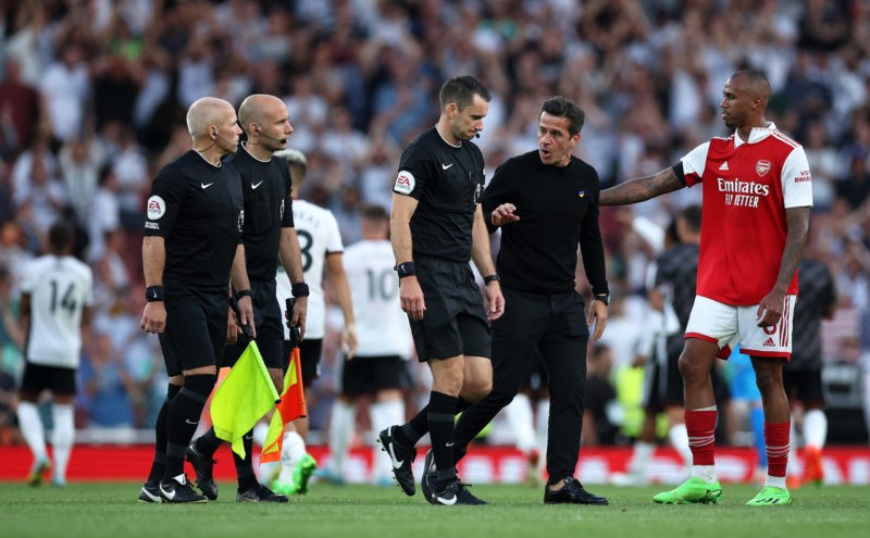 LONDON, ENGLAND - AUGUST 27: Marco Silva, Manager of Fulham interacts with referee Jarred Gillett following their sides defeat in the Premier League match between Arsenal FC and Fulham FC at Emirates Stadium on August 27, 2022 in London, England. (Photo by Eddie Keogh/Getty Images)