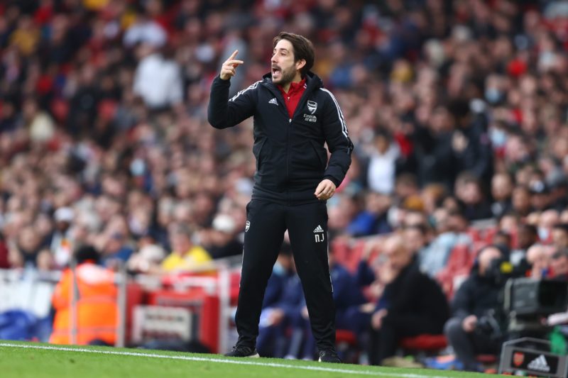 LONDON, ENGLAND - JANUARY 01: Arsenal coach Nicolas Jover reacts during the Premier League match between Arsenal and Manchester City at Emirates Stadium on January 01, 2022 in London, England. (Photo by Julian Finney/Getty Images)