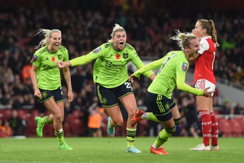 LONDON, ENGLAND - NOVEMBER 19: Alessia Russo of Manchester United celebrates after scoring her team's third goal during the FA Women's Super League match between Arsenal and Manchester United at Emirates Stadium on November 19, 2022 in London, England. (Photo by Harriet Lander/Getty Images)