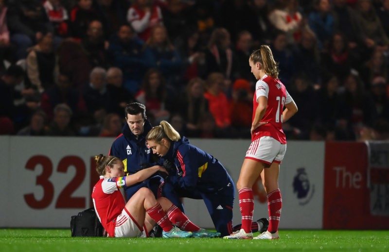 BOREHAMWOOD, ENGLAND - OCTOBER 30: Kim Little of Arsenal receives treatment during the FA Women's Super League match between Arsenal and West Ham United at Meadow Park on October 30, 2022 in Borehamwood, England. (Photo by Alex Davidson/Getty Images)
