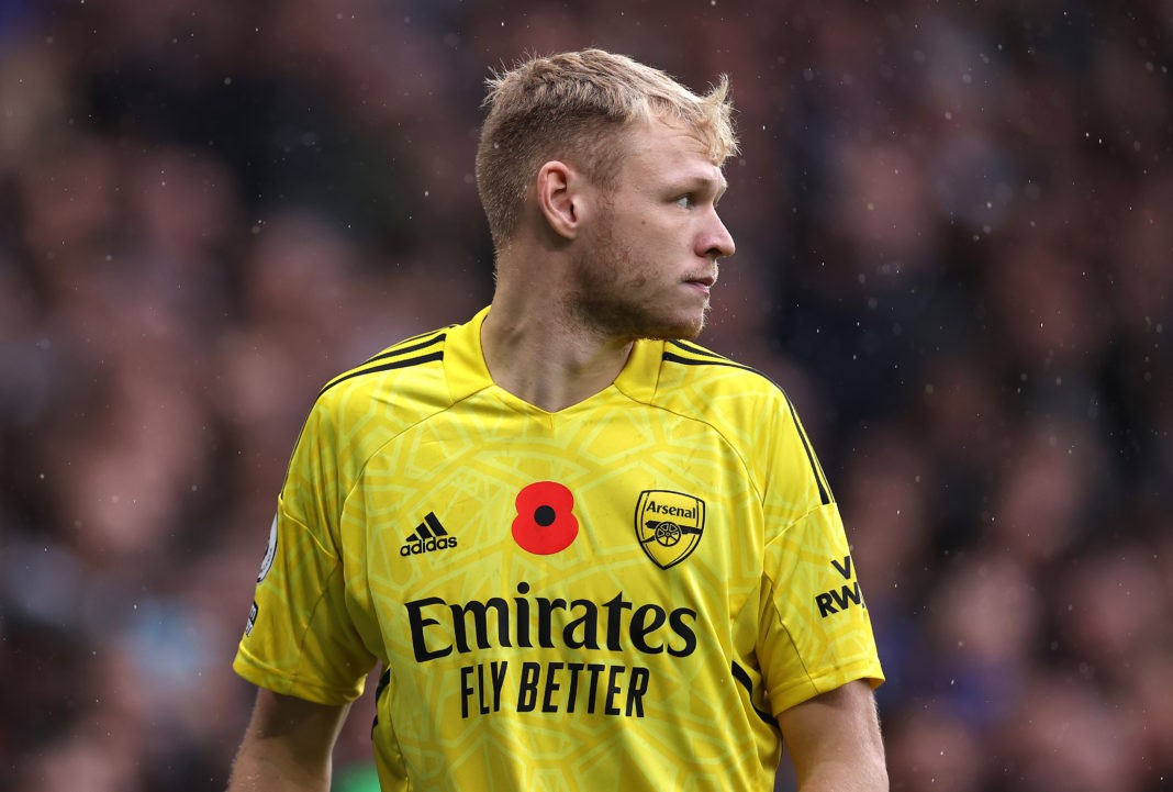 LONDON, ENGLAND - NOVEMBER 06: Aaron Ramsdale of Arsenal looks on during the Premier League match between Chelsea FC and Arsenal FC at Stamford Bridge on November 06, 2022 in London, England. (Photo by Ryan Pierse/Getty Images)