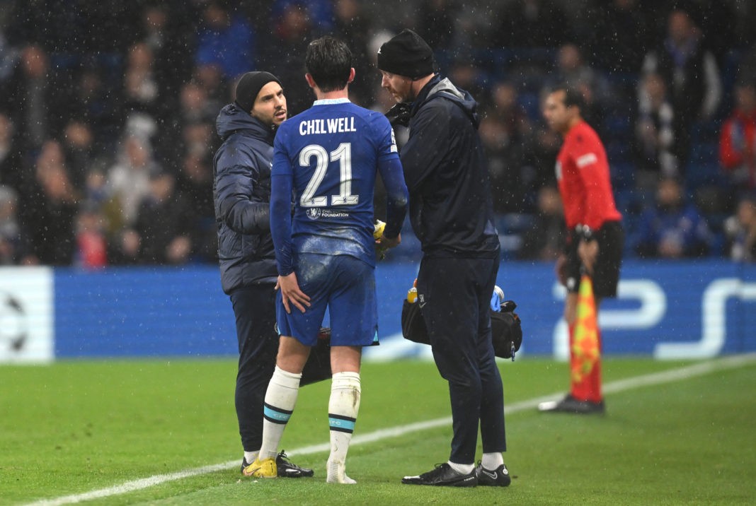 LONDON, ENGLAND: Ben Chilwell of Chelsea receives medical treatment during the UEFA Champions League group E match between Chelsea FC and Dinamo Zagreb at Stamford Bridge on November 02, 2022. (Photo by Mike Hewitt/Getty Images)