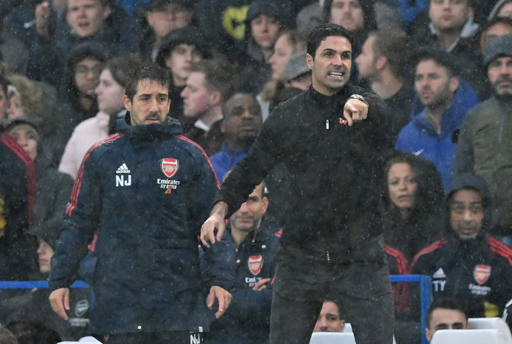 Arsenal's Spanish manager Mikel Arteta reacts during the English Premier League football match between Chelsea and Arsenal at Stamford Bridge in London on November 6, 2022. (Photo by GLYN KIRK/AFP via Getty Images)