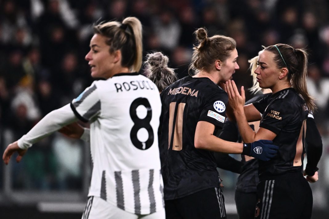 Arsenals Dutch forward Vivianne Miedema (C) celebrates with Arsenals Irish forward Katie McCabe (R) after scoring a goal during the UEFA Women's Champions League Group C football match between Juventus and Arsenal at the Juventus stadium in Turin on November 24, 2022. (Photo by MARCO BERTORELLO/AFP via Getty Images)