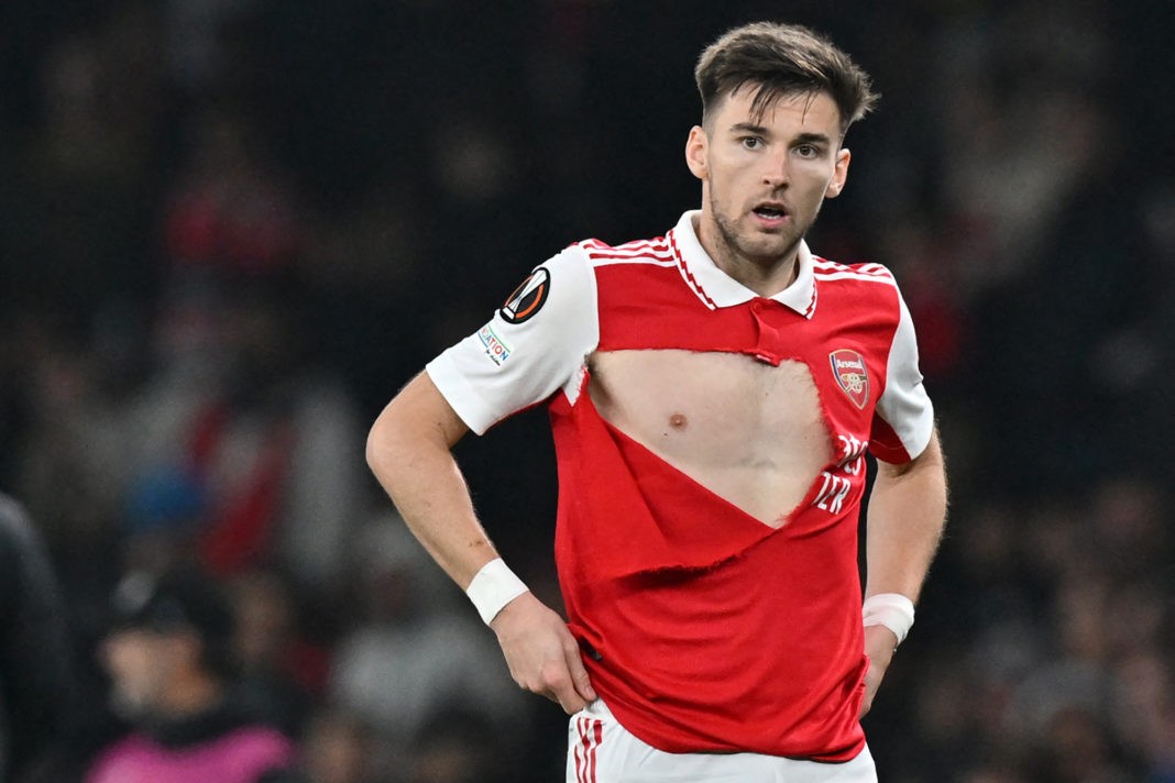 Arsenal's Scottish defender Kieran Tierney looks on after his shirt was torn during the UEFA Europa League Group A football match between Arsenal and FC Zurich at The Arsenal Stadium in London, on November 3, 2022. (Photo by GLYN KIRK/AFP via Getty Images)