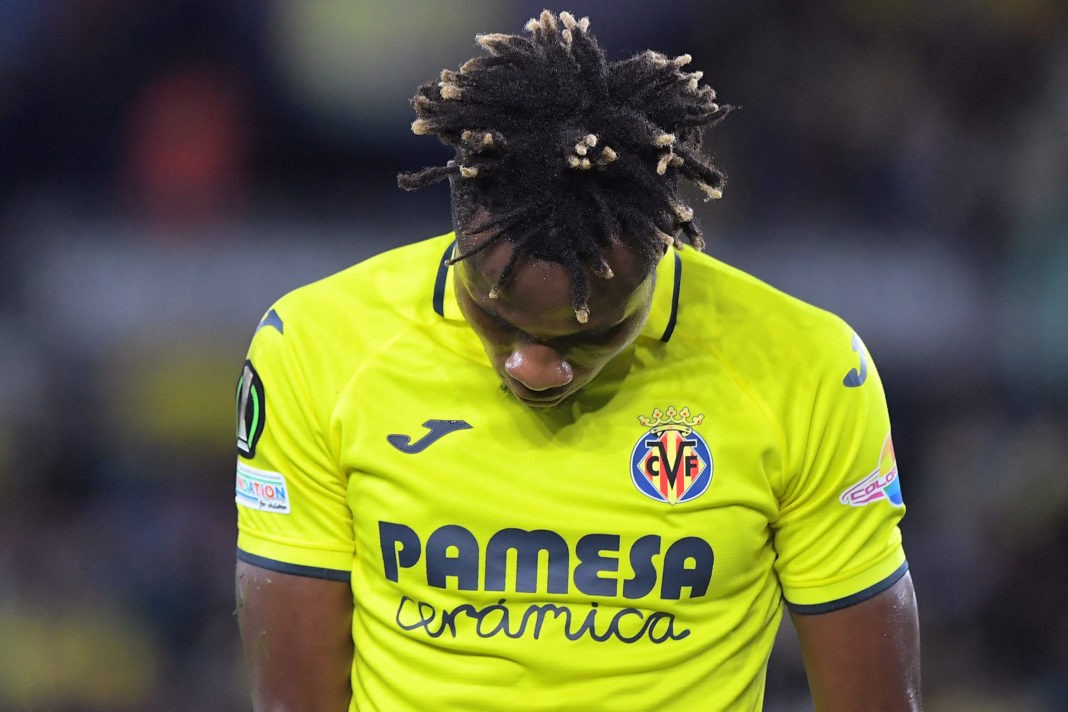 Villarreal's Nigerian midfielder Samuel Chukwueze reacts during the UEFA Europa Conference League, 1st round day 3, Group C football match between Villarreal CF and FK Austria Wien at the Ciutat de Valencia stadium in Valencia on October 6, 2022. (Photo by JOSE JORDAN/AFP via Getty Images)