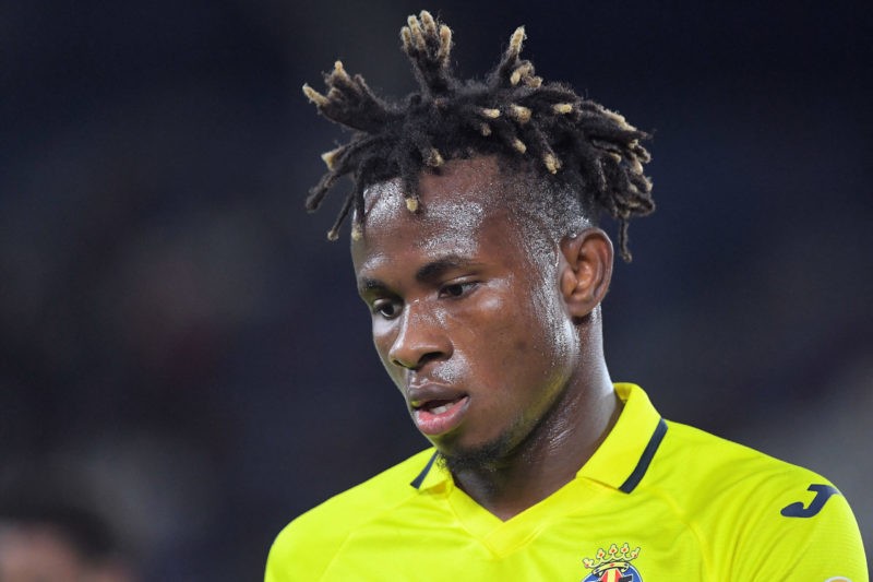 Villarreal's Nigerian midfielder Samuel Chukwueze reacts during the UEFA Europa Conference League, 1st round day 3, Group C football match between Villarreal CF and FK Austria Wien at the Ciutat de Valencia stadium in Valencia on October 6, 2022. (Photo by JOSE JORDAN/AFP via Getty Images)
