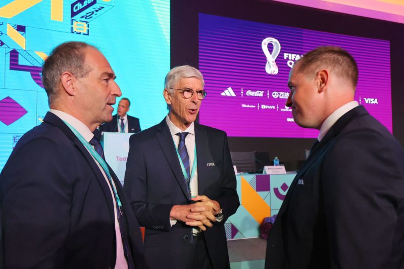 Arsene Wenger, FIFA Chief of Global Football Development, (C) is pictured at the FIFA World Cup national team workshop in the Qatari capital Doha, on July 4, 2022. (Photo by KARIM JAAFAR/AFP via Getty Images)