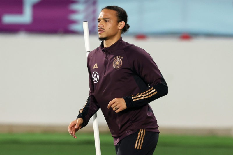AL RUWAIS, QATAR - NOVEMBER 25: Leroy Sane of Germany looks on during the Germany Training Session at Al Shamal Stadium on November 25, 2022 in Al Ruwais, Qatar. (Photo by Alexander Hassenstein/Getty Images)