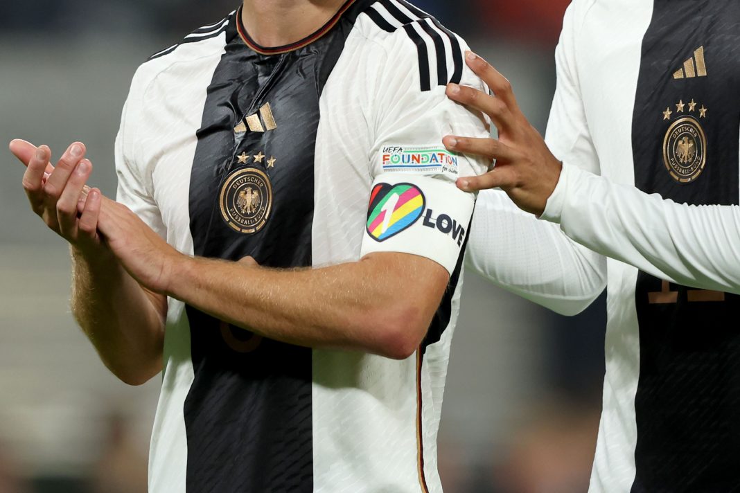 LEIPZIG, GERMANY - SEPTEMBER 23: Close Up of the Captains 1 Love (One Love) armband of Germany during the UEFA Nations League League A Group 3 match between Germany and Hungary at Red Bull Arena on September 23, 2022 in Leipzig, Germany. (Photo by Alexander Hassenstein/Getty Images)