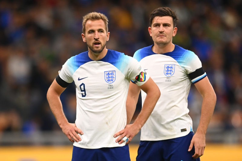 MILAN, ITALY - SEPTEMBER 23: Harry Kane and Harry Maguire of England look on during the UEFA Nations League League A Group 3 match between Italy and England at San Siro on September 23, 2022 in Milan, Italy. (Photo by Michael Regan/Getty Images)