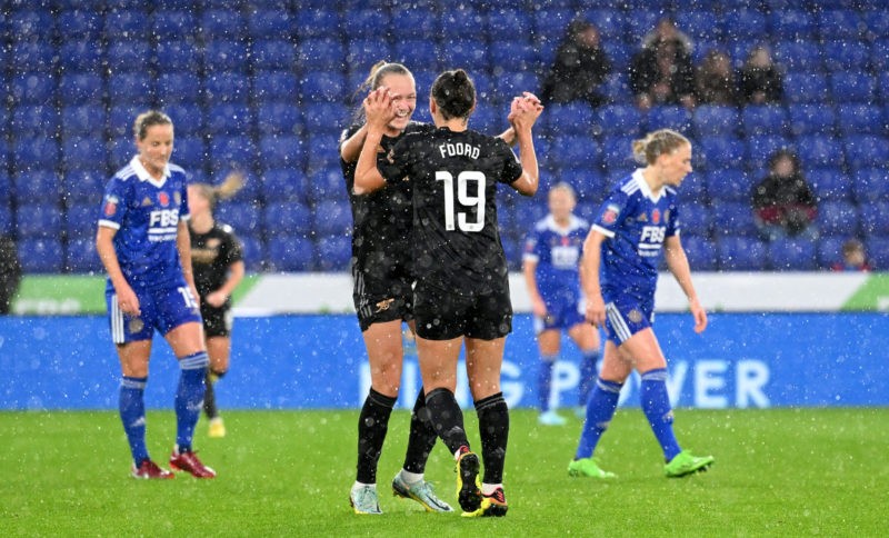 LEICESTER, ENGLAND - NOVEMBER 06: Frida Maanum of Arsenal is congratulated by Catlin Foord after scoring the opening goal during the Barclays Women's Super League match between Leicester City and Arsenal at The King Power Stadium on November 06, 2022 in Leicester, England. (Photo by Ross Kinnaird/Getty Images)