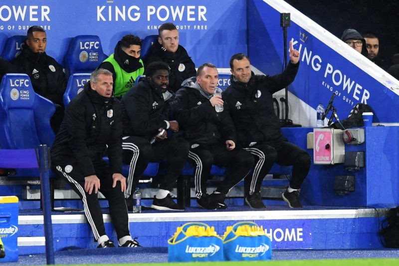 LEICESTER, ENGLAND - MARCH 09: Leicester City Manager, Brendan Rodgers looks on from the bench with Jamie Vardy behind him during the Premier League match between Leicester City and Aston Villa at The King Power Stadium on March 09, 2020 in Leicester, United Kingdom. (Photo by Michael Regan/Getty Images)