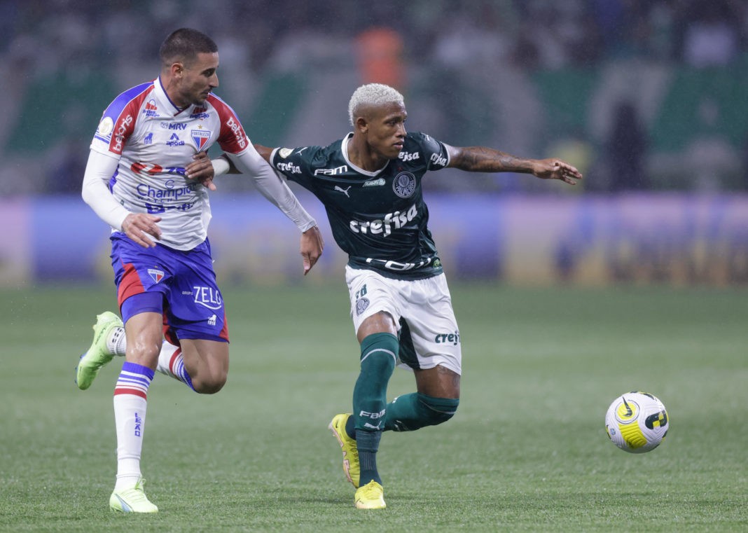 SAO PAULO, BRAZIL - NOVEMBER 02: Thiago Galhardo of Fortaleza and Danilo of Palmeiras fight for the ball during a match between Palmeiras and Fortaleza as part of Brasileirao Series A 2022 at Allianz Parque on November 02, 2022 in Sao Paulo, Brazil. (Photo by Alexandre Schneider/Getty Images)