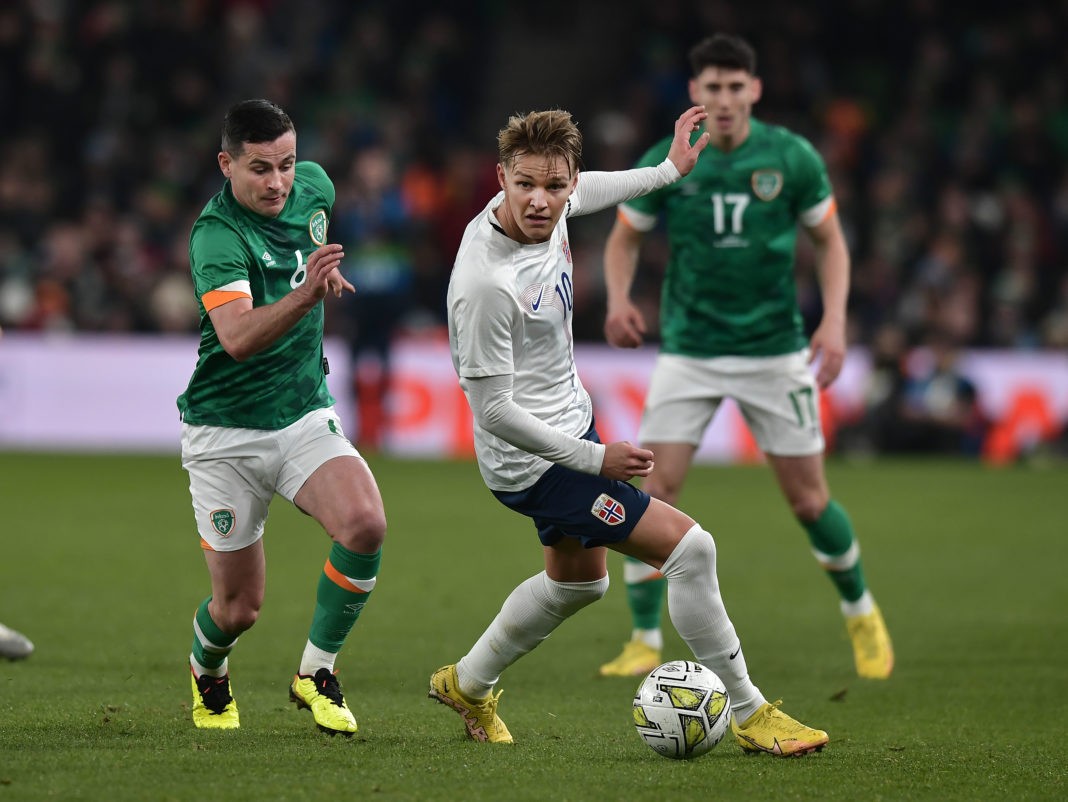 DUBLIN, IRELAND: Josh Cullen of the Republic of Ireland and Martin Odegaard of Norway pictured during the International Friendly match between the Republic of Ireland and Norway at Aviva Stadium on November 17, 2022. (Photo by Charles McQuillan/Getty Images)