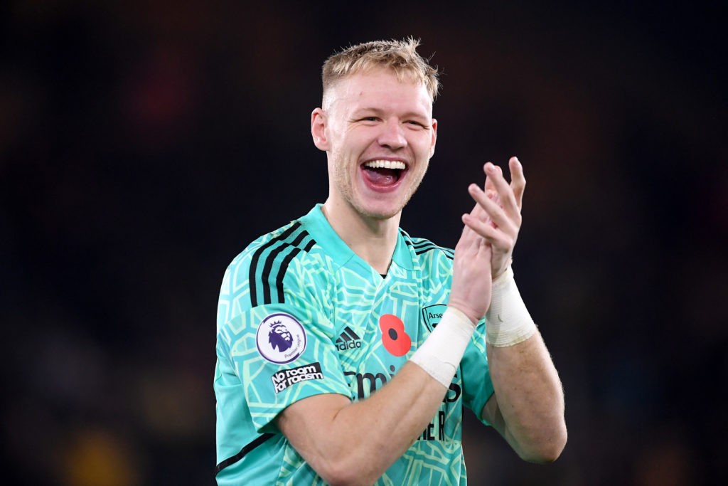 WOLVERHAMPTON, ENGLAND - NOVEMBER 12: Aaron Ramsdale of Arsenal celebrates following their side's victory in the Premier League match between Wolverhampton Wanderers and Arsenal FC at Molineux on November 12, 2022 in Wolverhampton, England. (Photo by Harriet Lander/Getty Images)