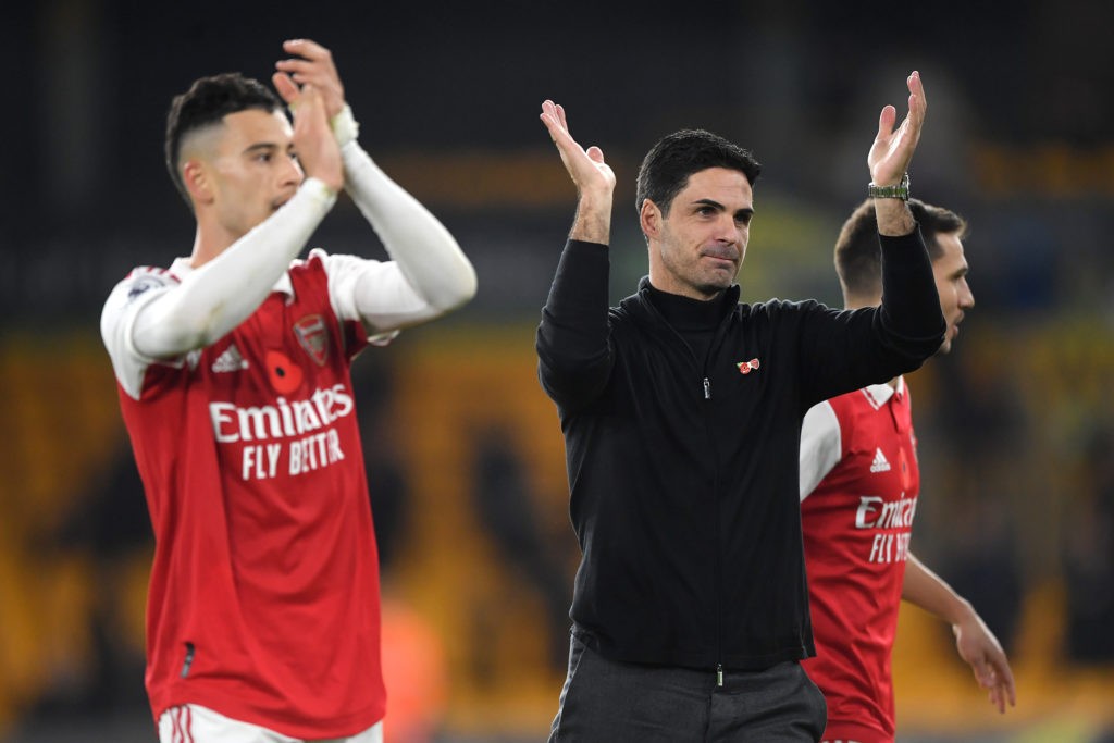 WOLVERHAMPTON, ENGLAND - NOVEMBER 12: Mikel Arteta, Manager of Arsenal applauds fans following their side's victory in the Premier League match between Wolverhampton Wanderers and Arsenal FC at Molineux on November 12, 2022 in Wolverhampton, England. (Photo by Harriet Lander/Getty Images)