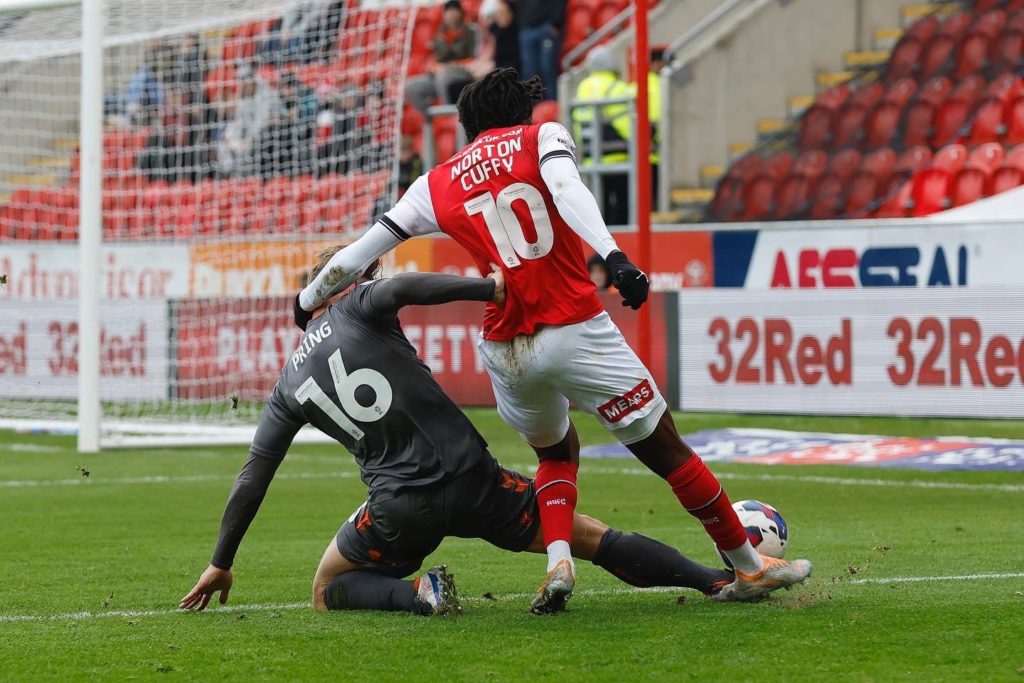 Brooke Norton-Cuffy providing an assist for Rotherham United (Photo via Norton-Cuffy on Twitter)