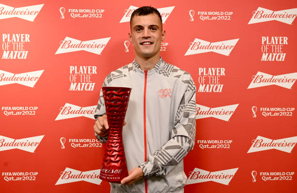 Granit Xhaka with the Man of the Match award for his performance against Serbia at the World Cup