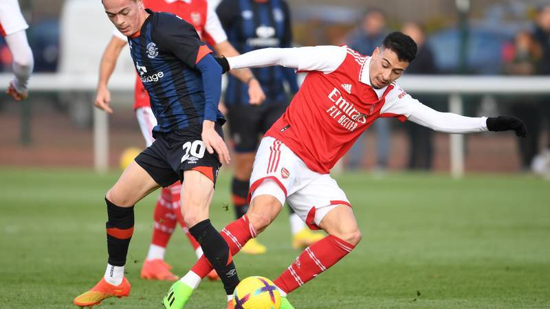 Gabriel Martinelli playing in a friendly for Arsenal against Luton Town (Photo via Arsenal.com)