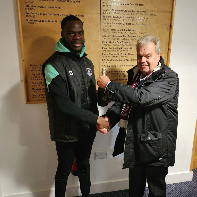 Ovie Ejeheri receiving the Man of the Match award (Photo via Chelmsford City on Twitter)