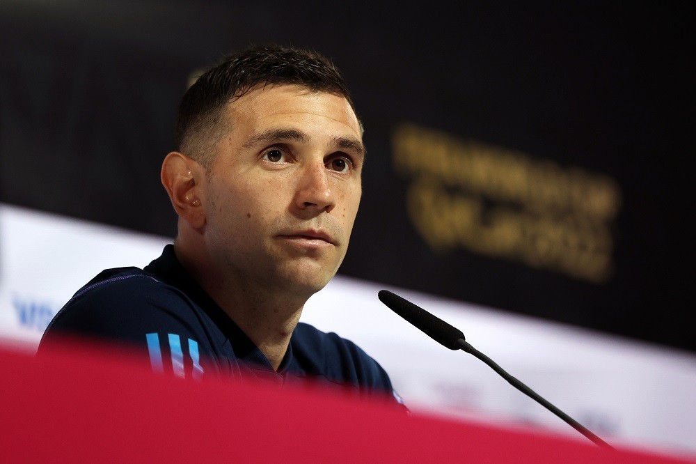 DOHA, QATAR: Emi Martinez of Argentina speaks during the Argentina Press Conference at the Main Media Center on December 17, 2022. (Photo by Mohamed Farag/Getty Images)