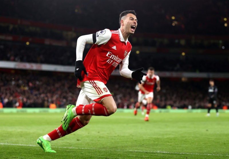 LONDON, ENGLAND - DECEMBER 26: Gabriel Martinelli of Arsenal celebrates after scoring his sides second goal during the Premier League match between Arsenal FC and West Ham United at Emirates Stadium on December 26, 2022 in London, England. (Photo by Alex Pantling/Getty Images)