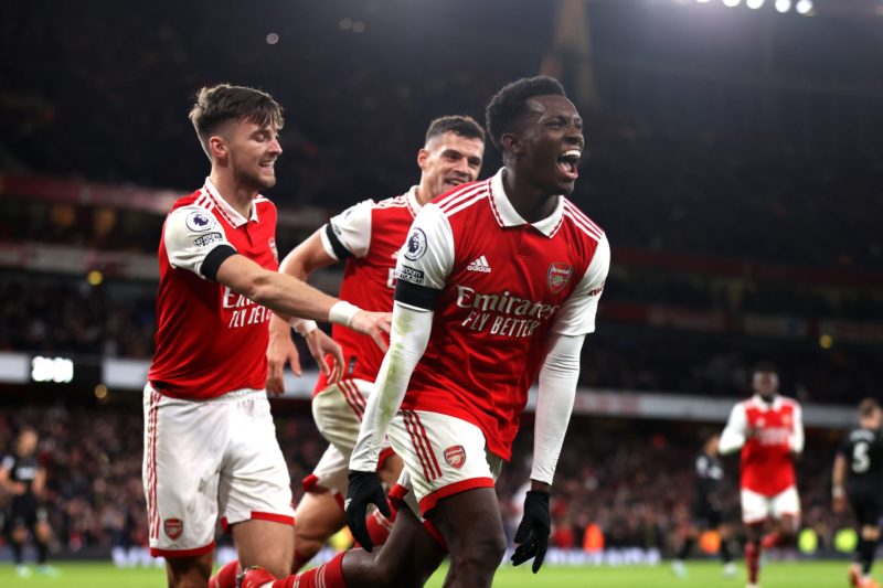 LONDON, ENGLAND - DECEMBER 26: Eddie Nketiah of Arsenel celebrates after scoring his sides third goal during the Premier League match between Arsenal FC and West Ham United at Emirates Stadium on December 26, 2022 in London, England. (Photo by Alex Pantling/Getty Images)