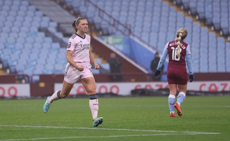 BIRMINGHAM, ENGLAND - DECEMBER 11: Katie McCabe of Arsenal celebrates after scoring their third goal during the FA Women's Super League match between Aston Villa and Arsenal at Villa Park on December 11, 2022 in Birmingham, England. (Photo by Alex Morton/Getty Images)