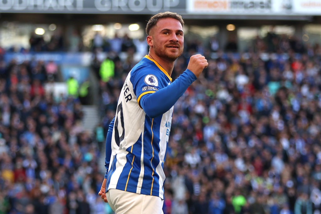 BRIGHTON, ENGLAND: Alexis Mac Allister of Brighton & Hove Albion celebrates after scoring their side's first goal during the Premier League match between Brighton & Hove Albion and Aston Villa at American Express Community Stadium on November 13, 2022. (Photo by Christopher Lee/Getty Images)