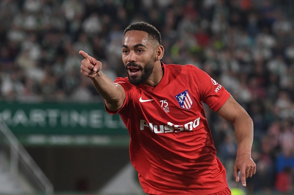 Atletico Madrid's Brazilian forward Matheus Cunha celebrates after scoring a goal during the Spanish league football match between Elche CF and Club Atletico de Madrid at the Martinez Valero stadium in Elche on May 11, 2022. (Photo by JOSE JORDAN/AFP via Getty Images)