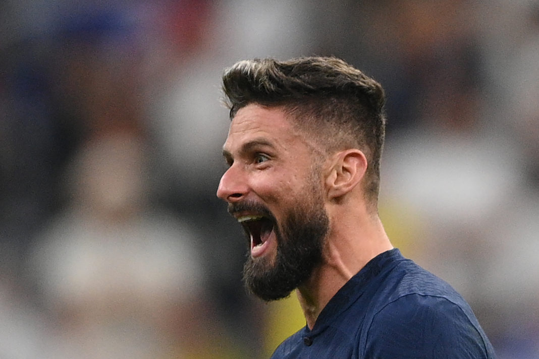 France's forward #09 Olivier Giroud celebrates winning the Qatar 2022 World Cup quarter-final football match between England and France at the Al-Bayt Stadium in Al Khor, north of Doha, on December 10, 2022. (Photo by FRANCK FIFE/AFP via Getty Images)